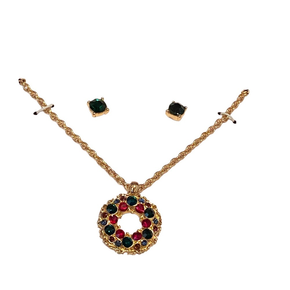 {Charter Club} Gold-Tone holiday Wreath Pendant Necklace & Crystal Stud Earrings